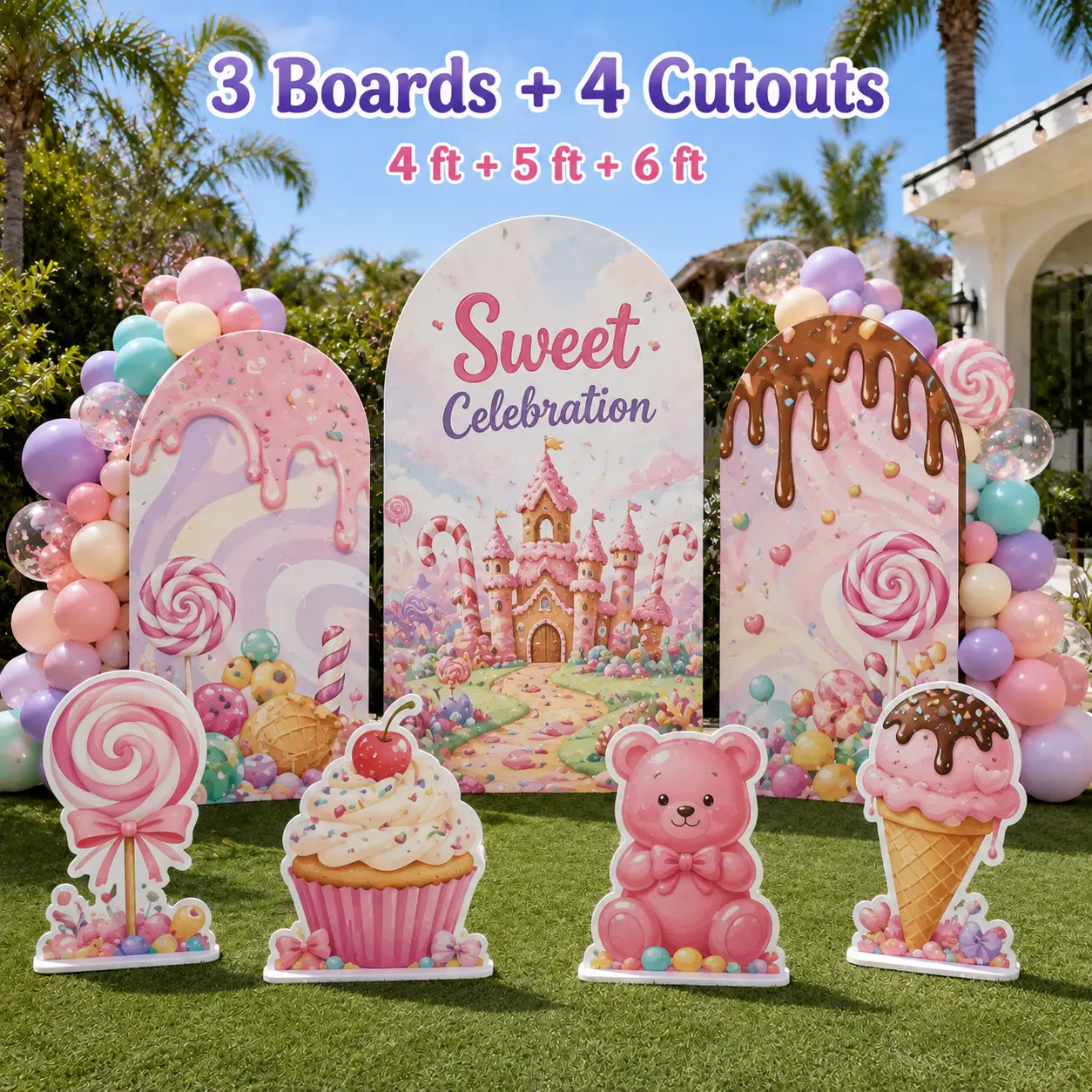3 Boards + 4 Cutouts — 4 ft + 5 ft + 6 ft candy theme