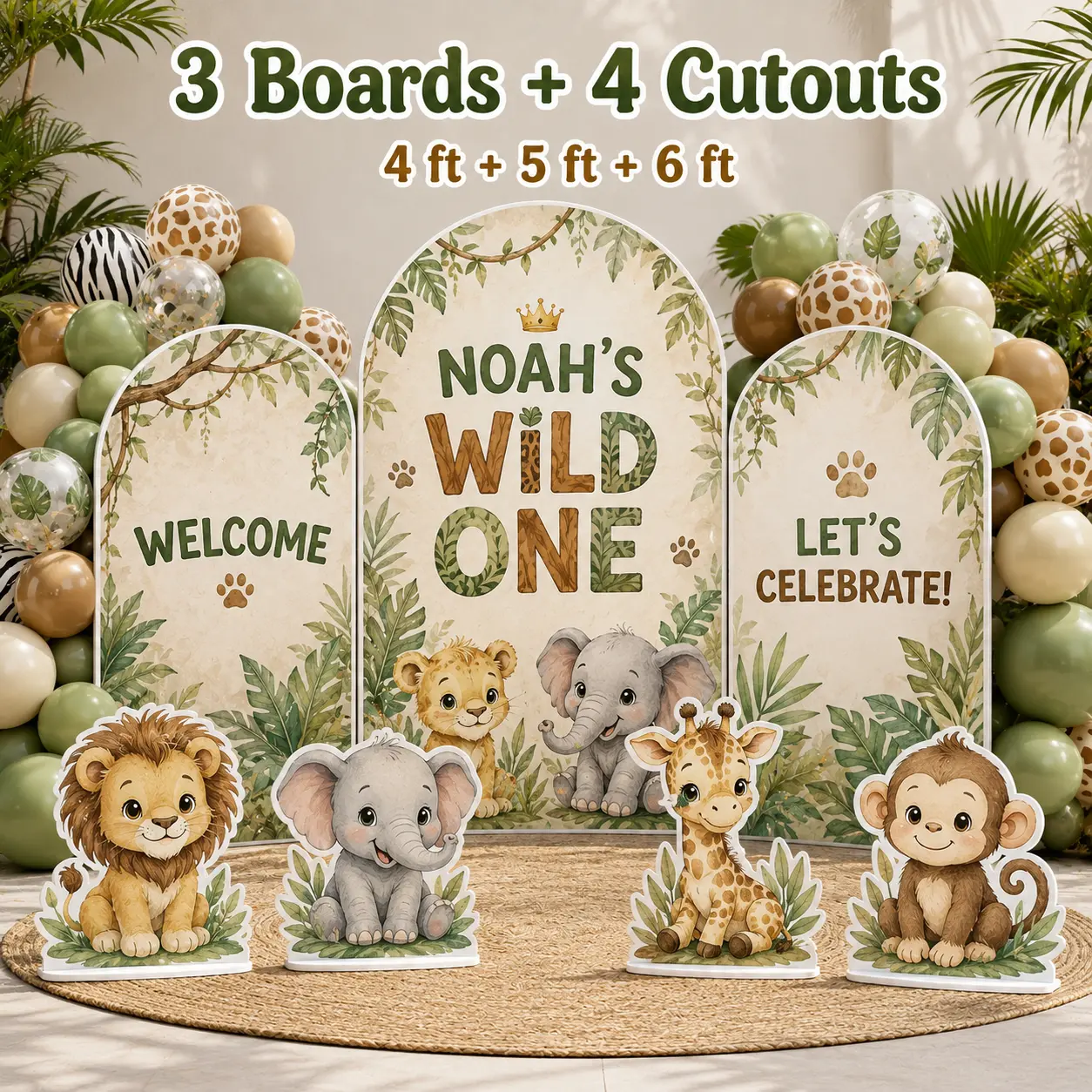 3 Boards + 4 Cutouts — 4 ft + 5 ft + 6 ft safari birthday