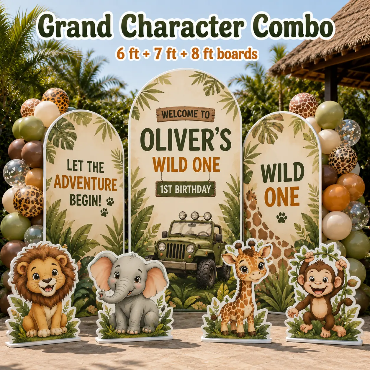 Grand Character Combo — 6 ft + 7 ft + 8 ft safari boards with 4 cutouts